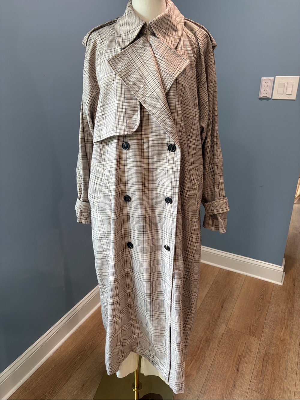 JUST FEMALE Oversized Plaid Maxi Trench Coat Duster Brown Cream Small NWOT